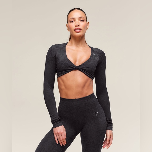 Gymshark x Whitney Simmons Adapt Animal Seamless Long Sleeve Top - Black/Asphalt - Picture 1 of 9